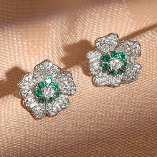 Vintage Green & Silver Floral Stud Earrings-Lydieannejewelry