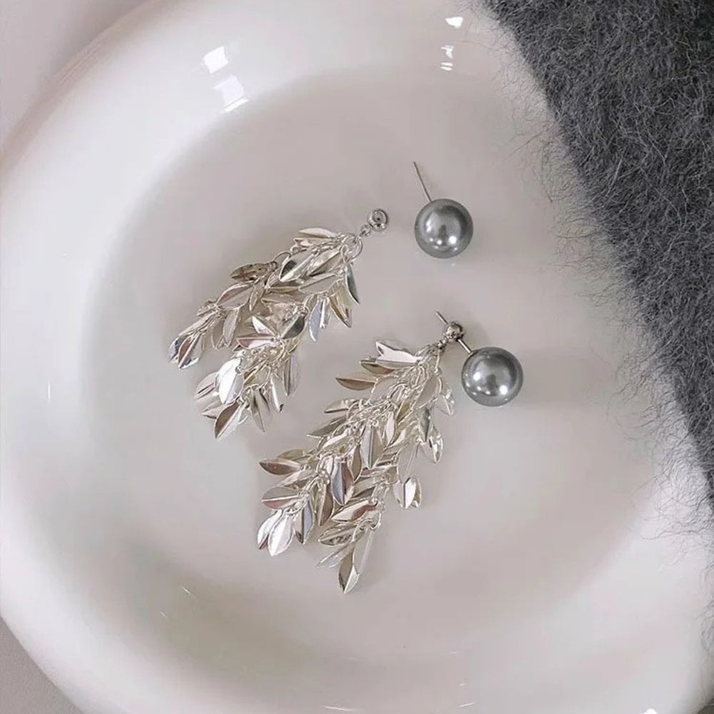 Silver Pearl Leaf Dangle Earrings-Lydieannejewelry