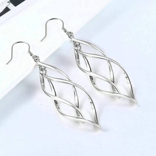 Silver Sculpted Geometric Design Twist Dangle Earrings-Lydieannejewelry