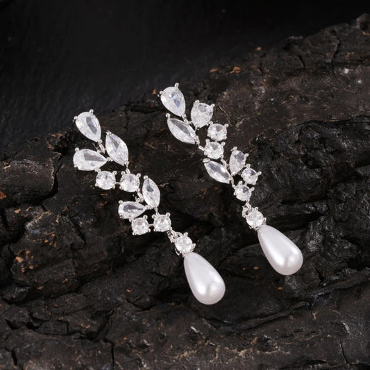 Classic Pearl Drop Leaf Dangle Earrings-Lydieannejewelry