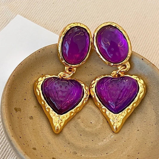 Classic Gold Purple Heart-Shaped Gemstone Earrings-Lydieannejewelry