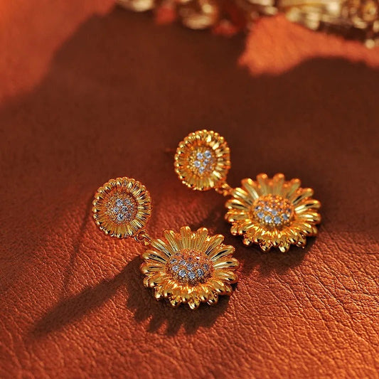Vintage Gold Sunflower Drop Earrings-Lydieannejewelry