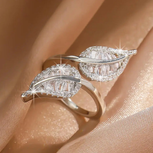 Vintage Silver Leaf Crystal Adjustable Ring-Lydieannejewelry