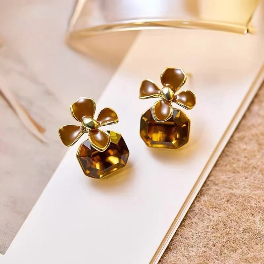 Vintage Brown Flower Crystal Pendant Earrings-Lydieannejewelry