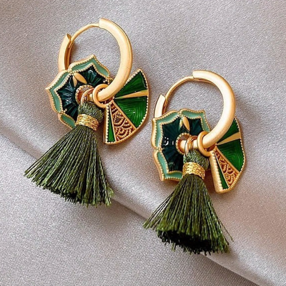 Vintage Gold & Green Floral Tassel Earrings-Lydieannejewelry
