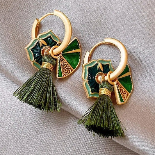 Vintage Gold & Green Floral Tassel Earrings-Lydieannejewelry