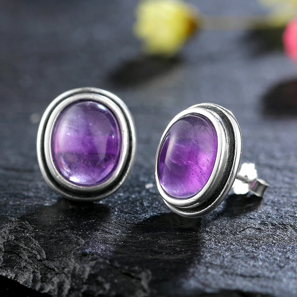 Vintage Silver Amethyst Stud Earrings-Lydieannejewelry