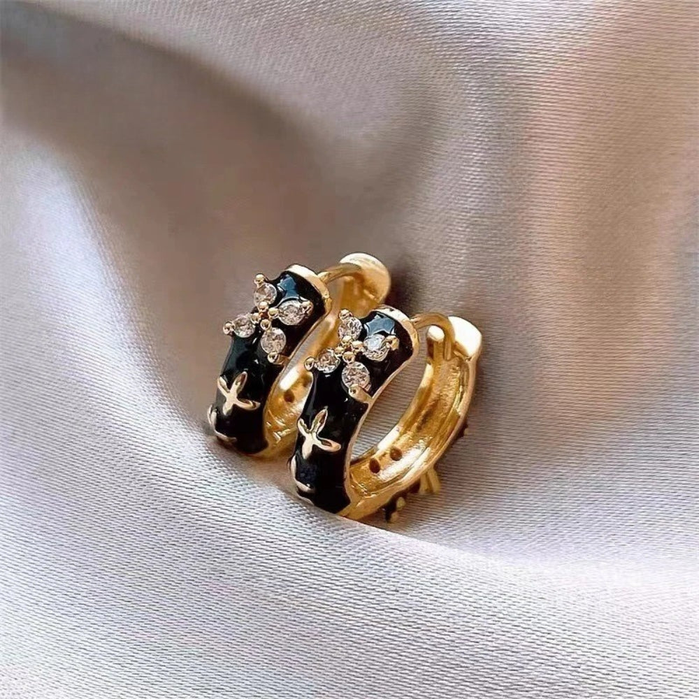 Vintage Gold & Black Enamel Flower Earrings-Lydieannejewelry