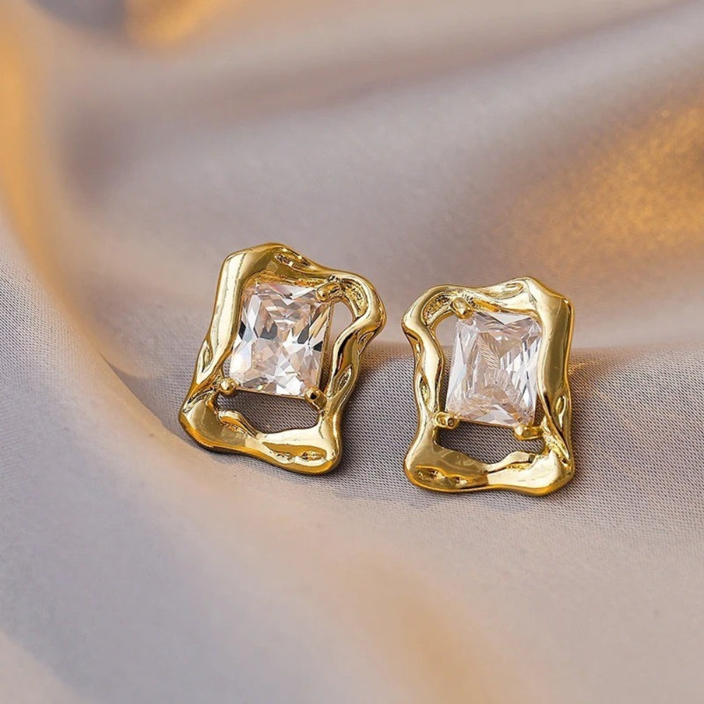 Vintage Gold & Crystal Square Earrings-Lydieannejewelry