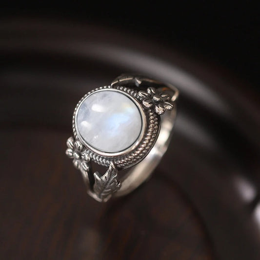 Vintage Floral Moonstone Silver Ring-Lydieannejewelry