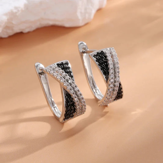 Vintage Black & Silver Crossover Hoop Earrings-Lydieannejewelry