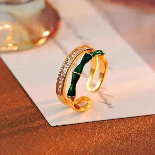 Double Layer Zircon Green Bamboo Shaped Adjustable Ring-Lydieannejewelry