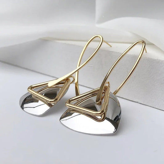 Retro Gold Triangular Silver Pendant & Curved Hook Earrings-Lydieannejewelry