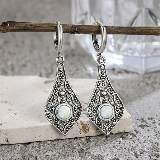 Vintage Silver Teardrop Moonstone Earrings-Lydieannejewelry