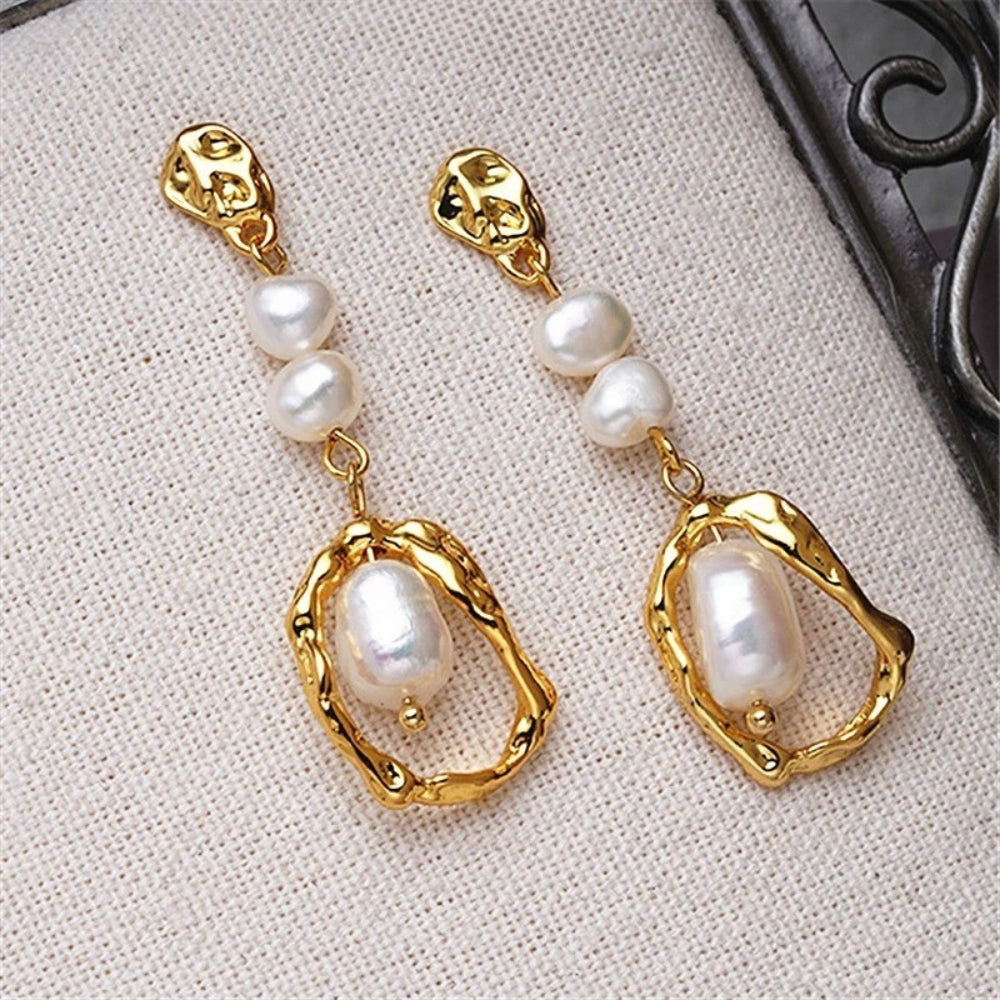 Gold & Pearl Oval-Shaped Drop Earrings-Lydieannejewelry
