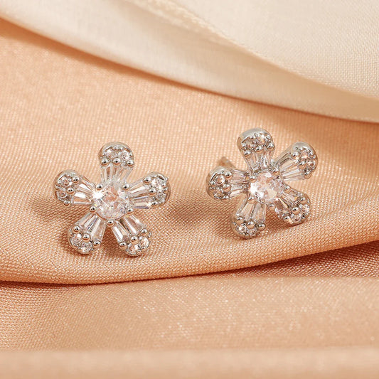 Silver Vintage Crystal Flower Earrings-Lydieannejewelry