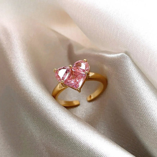 Vintage Gold Heart-Shaped Pink Gem Open Ring-Lydieannejewelry
