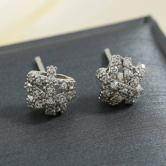 Vintage Geometric Crystal Silver Stud Earrings-Lydieannejewelry