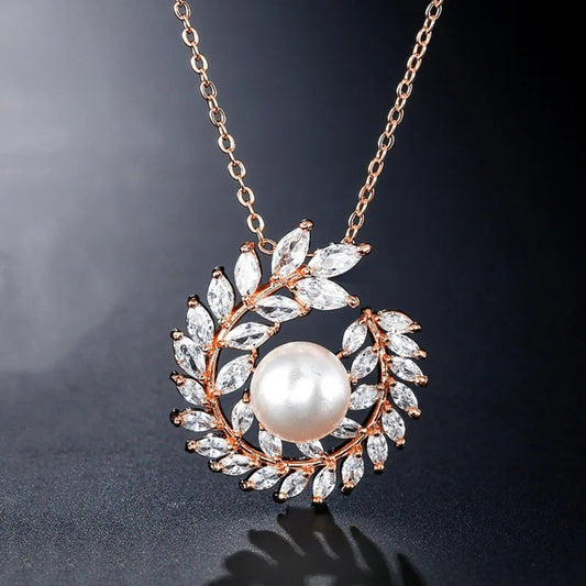 Rose Gold Wreath Pearl Pendant Necklace-Lydieannejewelry