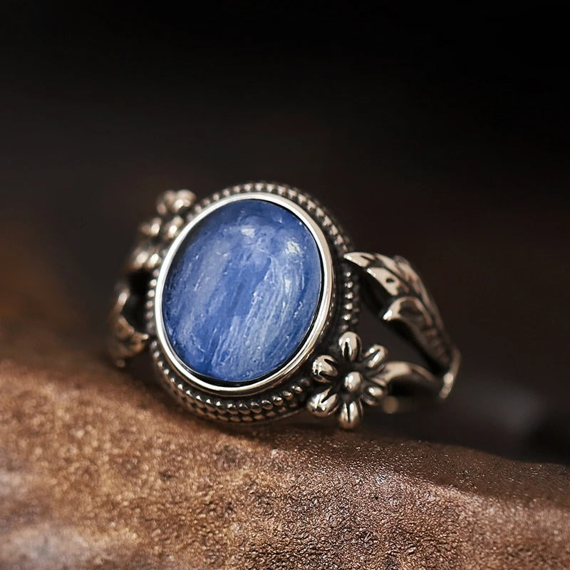 Vintage Floral Royal Blue Silver Ring-Lydieannejewelry