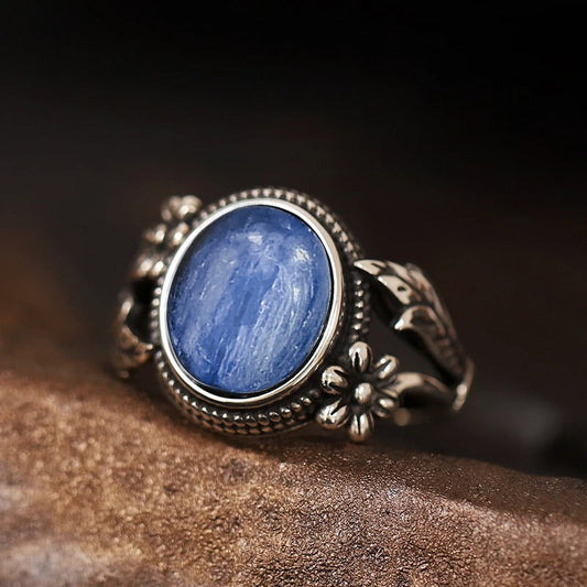 Vintage Floral Royal Blue Silver Ring-Lydieannejewelry
