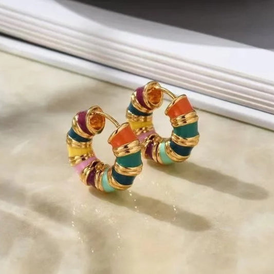 Gold Bohemian Multicolor Beads Hoop Earrings-Lydieannejewelry