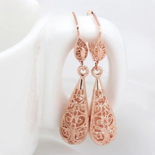 Vintage Rose Gold Scrollwork Filigree Teardrop Earrings-Lydieannejewelry