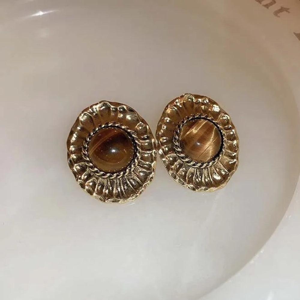 Vintage Gold Brown Oval Stud Earrings-Lydieannejewelry