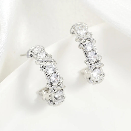 Vintage Silver Crystal Hoop Earrings-Lydieannejewelry