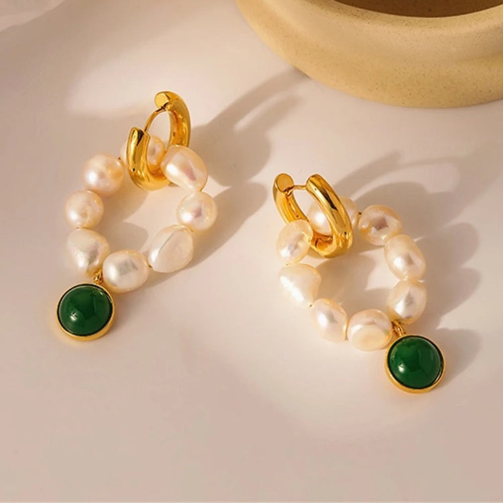 Gold Freshwater Pearl & Green Stone Hoop Earrings-Lydieannejewelry