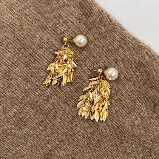 Gold Leaf Dangle Pearl Earrings-Lydieannejewelry