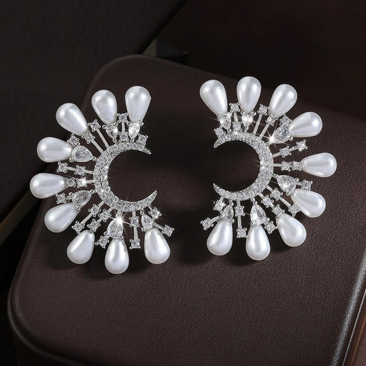 Vintage Moon & Pearl Silver Earrings-Lydieannejewelry