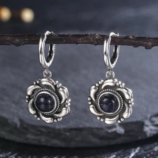 Vintage Silver Blue Sandstone Earrings-Lydieannejewelry