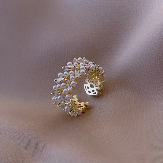 Vintage Pearl & Crystal Gold Adjustable Ring-Lydieannejewelry