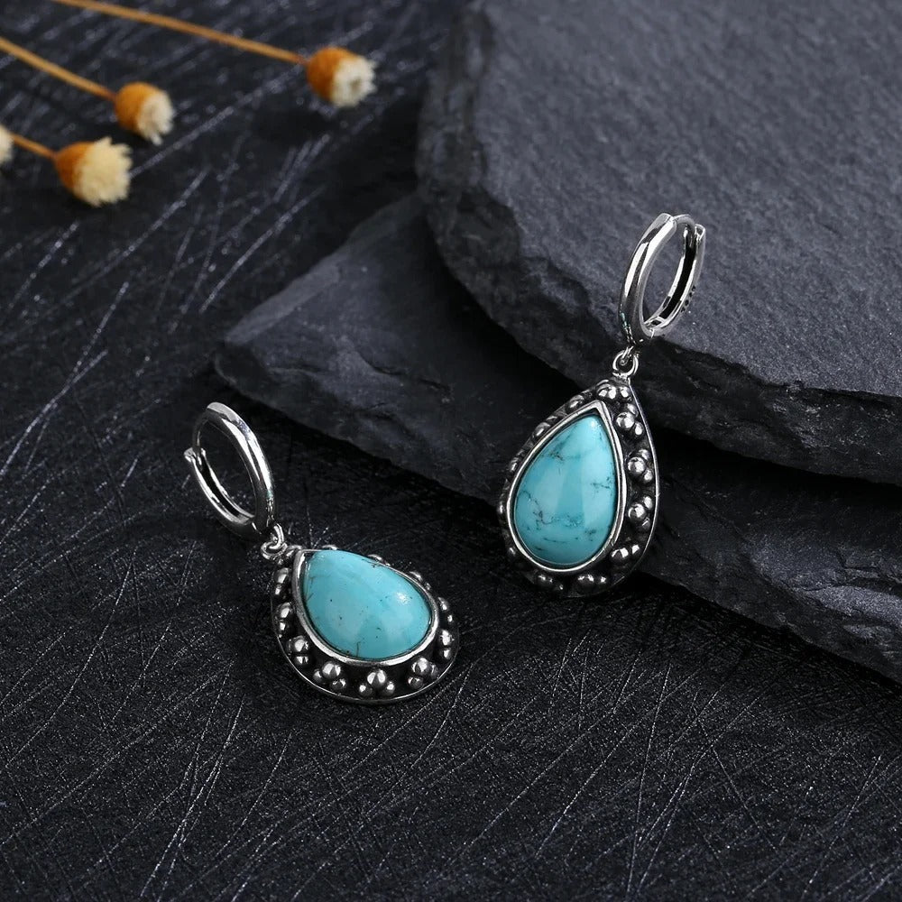 Vintage Silver Turquoise Teardrop Earrings-Lydieannejewelry