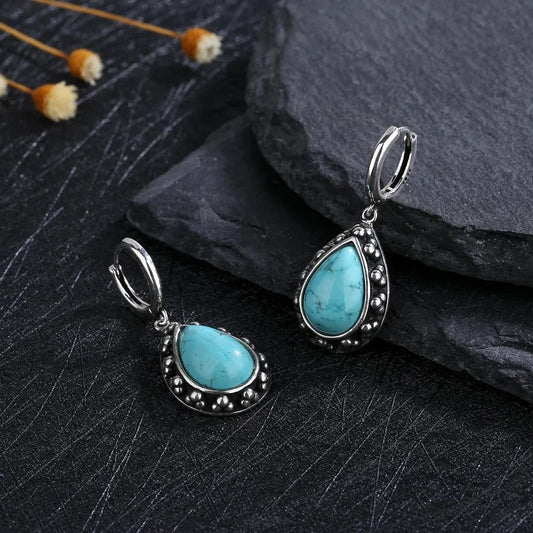 Vintage Silver Turquoise Teardrop Earrings-Lydieannejewelry