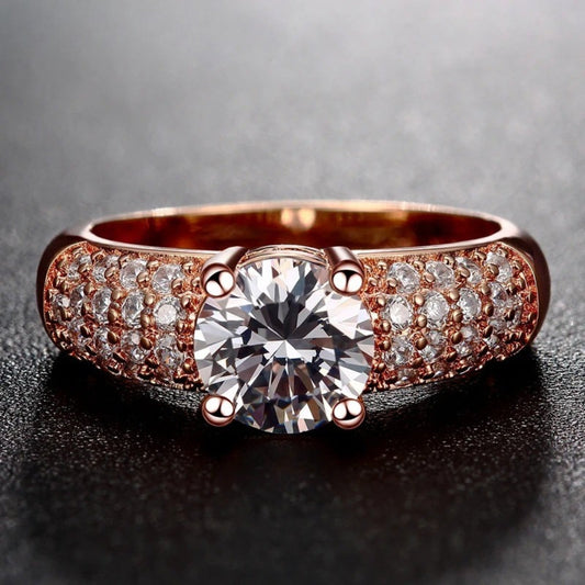 Rose Gold Round Cut Stone Pave Ring-Lydieannejewelry