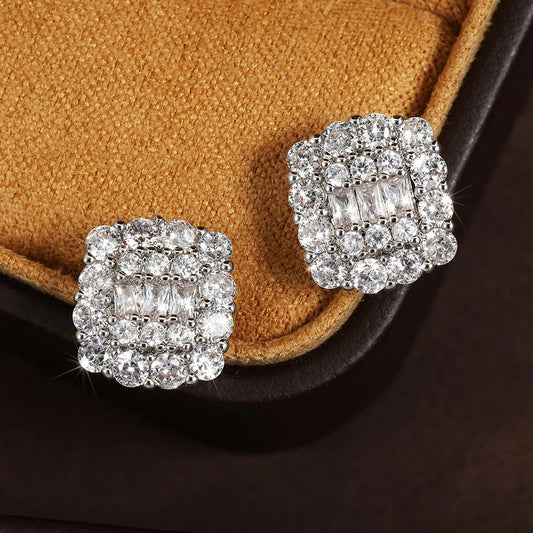 Vintage Square Crystal Silver Stud Earrings-Lydieannejewelry