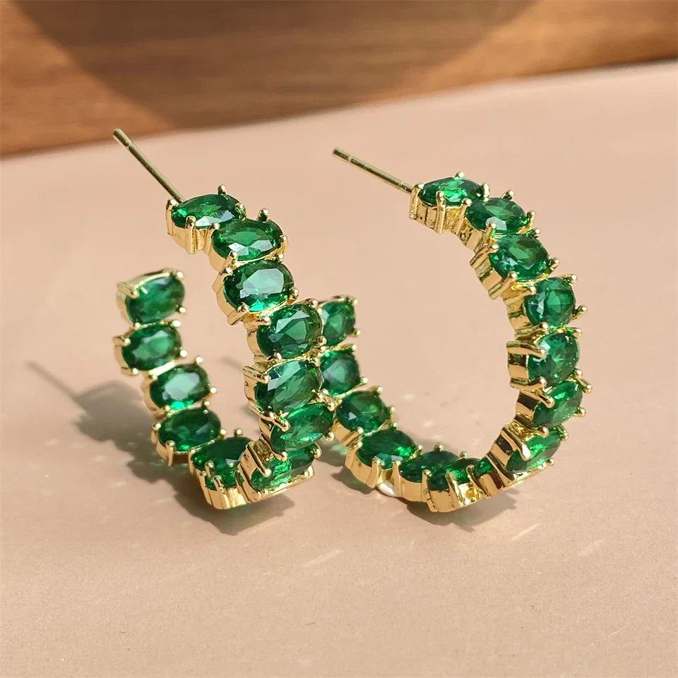 Gold Green Gemstone Hoop Earrings-Lydieannejewelry