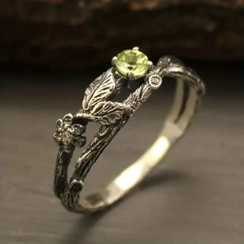 Vintage Green Stone Leaf Silver Ring-Lydieannejewelry