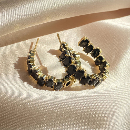 Vintage Gold Black Crystal Hoop Earrings-Lydieannejewelry