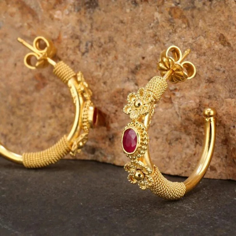 Gold Floral Hoop Red Stone Earrings-Lydieannejewelry