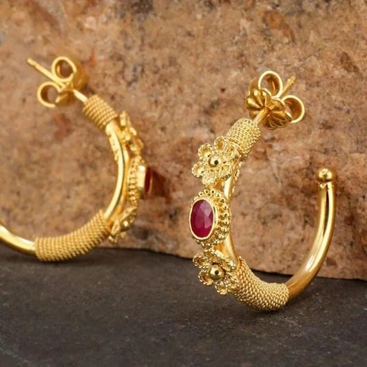Gold Floral Hoop Red Stone Earrings-Lydieannejewelry