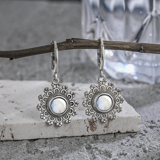Silver Floral Moonstone Drop Earrings-Lydieannejewelry