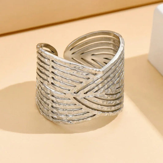 Wide Band Carved Silver Adjustable Ring-Lydieannejewelry