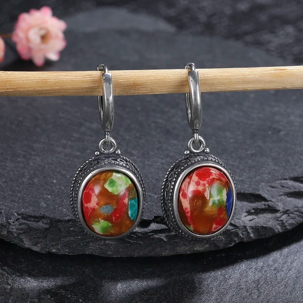 Silver Multicolor Oval Earrings-Lydieannejewelry
