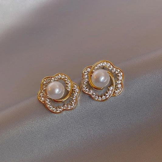 Vintage Gold Flower & Pearl Stud Earrings-Lydieannejewelry