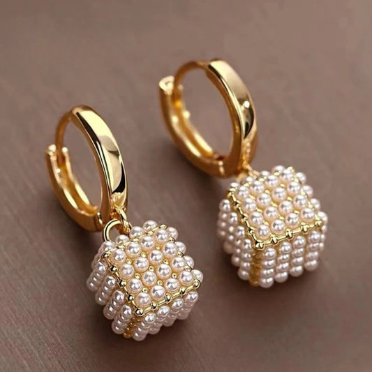 Vintage Gold & Pearl Cube Earrings-Lydieannejewelry