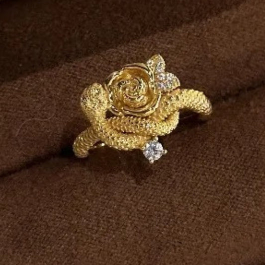 Classic Gold Snake Entwined Rose Flower Adjustable Ring-Lydieannejewelry