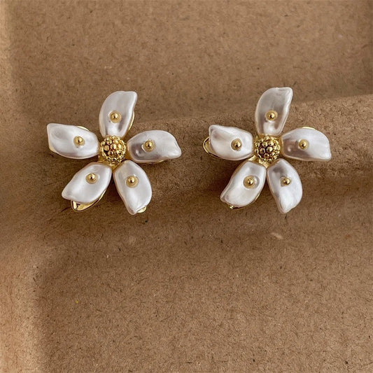 Gold Floral Delicate Pearl Petals Earrings-Lydieannejewelry